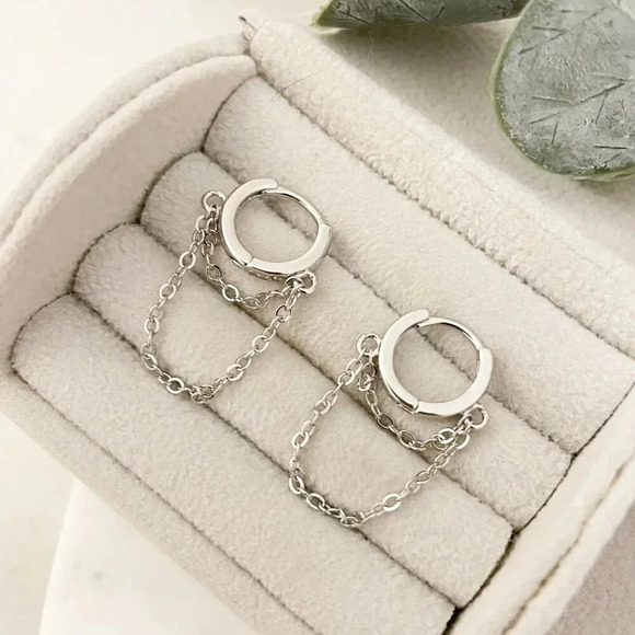 925 Sterling Silver Huggie Earrings Dangle Chain Earrings Small Hoops Huggies - Picture 6 of 7